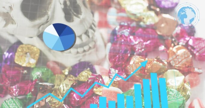 On start charts animating showing candy data over candies and skull, pie chart pulsing overlay data