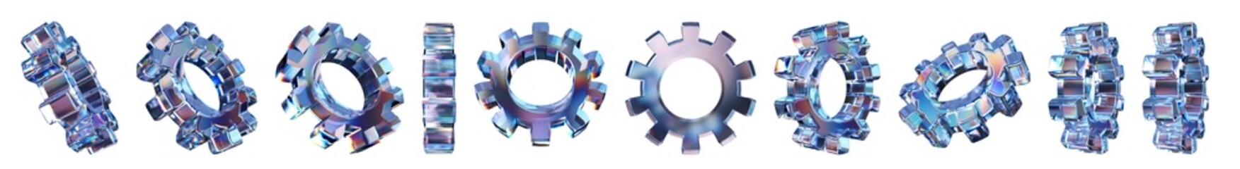 Set of 3d transparent glossy gear with dispersion effect. Rainbow colors reflection glass. 3d glass...