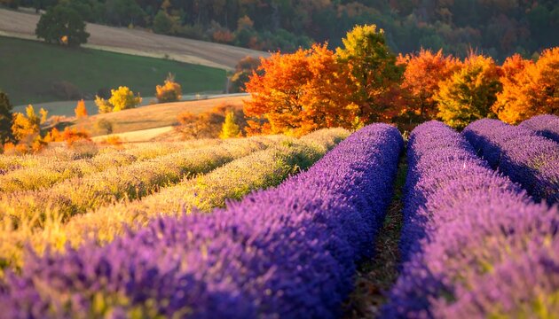 Vibrant rows of purple and golden lavender fields meet autumnal trees in a picturesque landscape.