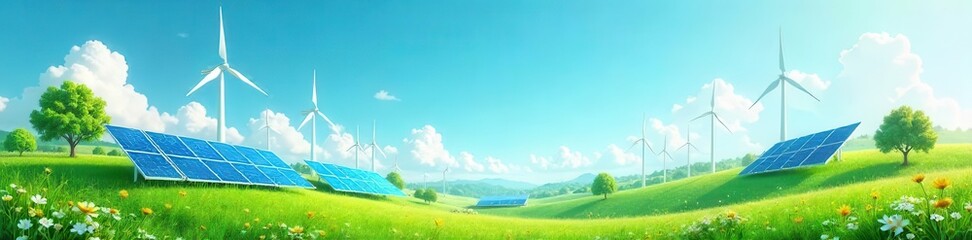 Obraz premium Solar panels and wind turbines stand on a green grassy hill under a blue sky with clouds
