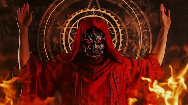 Occult mage summoning ritual, dark hooded figure with demonic mask raising hands in fiery magical circle, mystical spell casting energy, cinematic supernatural fantasy ritual scene for horror mytholog