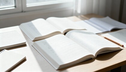 Open Books on Wooden Desk near a Window, Academic Setting, Study Space, Education
