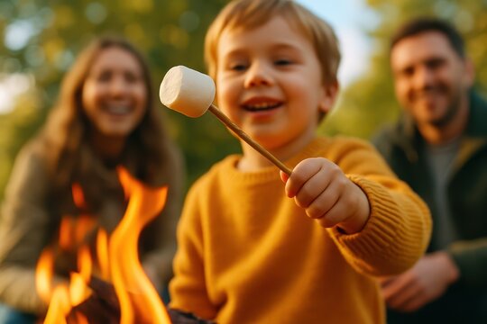 Young boy in autumn sweater roasts marshmallow at glowing campfire while smiling parents watch, enjoying cozy outdoor family camping evening.