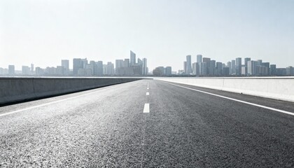 Fototapeta premium Cityscape View from Asphalt Road: Urban Skyline Perspective with Clear Sky on a Sunny Day