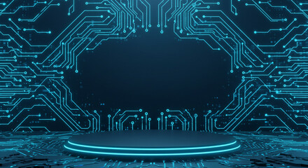 Dark circular platform on intricate glowing blue circuit board background technology digital