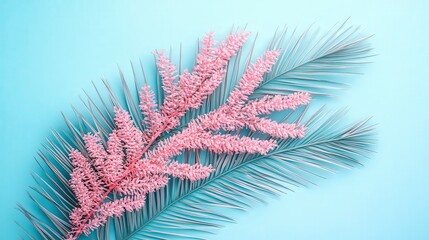 A vibrant arrangement of pink foliage and green palm leaves against a soft blue background, perfect for summer-themed designs, tropical events, or marketing materials for nature-related products,