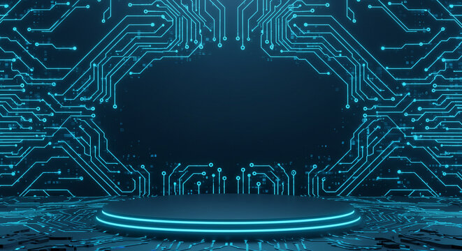 Dark circular platform on intricate glowing blue circuit board background technology digital