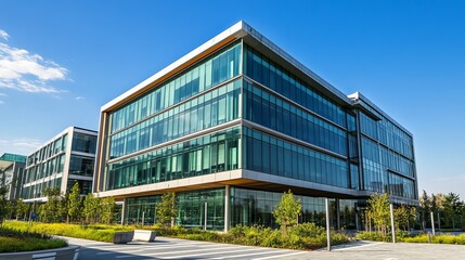 Obraz premium Modern glass office building complex under a clear sky