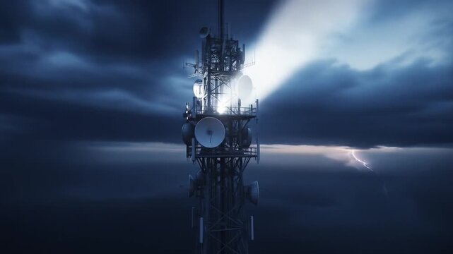 Telecommunication tower with lightning and dramatic storm clouds at dusk.