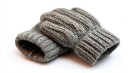 Fototapeta premium A pair of cozy gray knitted gloves rests gently on a white background, showcasing a textured pattern, This image is ideal for winter fashion, warmth, or clothing-related marketing materials,