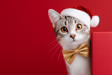 A Christmas cat with a Santa hat and gold bow tie on a red background. The cat peeks out from behind a red box, creating a festive and charming scene