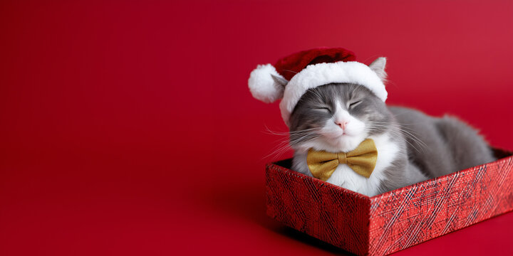 A charming cat wearing a Santa hat and bow tie, sitting inside a gift box. The cat appears relaxed and ready for the holidays, creating a festive and heartwarming atmosphere - Powered by Adobe