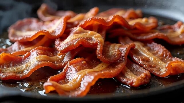 Crispy, sizzling bacon strips cooking in a cast iron pan with rich golden brown color.