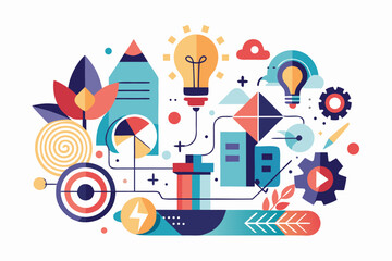 Obraz premium Minimalist vector illustration of two hands sketching a glowing light bulb with a pen, symbolizing creativity, brainstorming, innovation, imagination, and idea generation. Perfect for business present