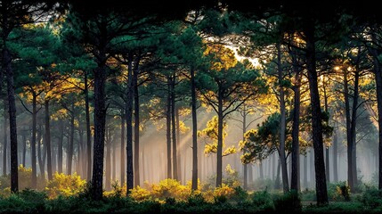 Obraz premium Golden Hour Sunbeams Piercing Dense Forest, Dappled Shadows on Pine Needle Floor