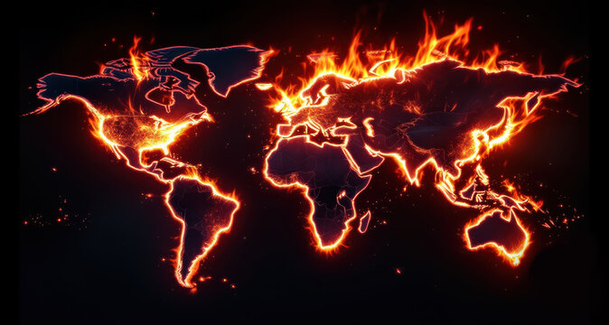 Global climate reality unfolds in fiery outlines as the map of earth ignites to remind of rising temperatures environmental strain and the demand for transformation in how humanity sustains its world