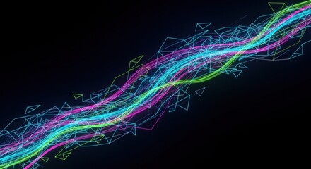 Abstract neon light streams and geometric shapes forming a network on a black background for technology and modern design concept.