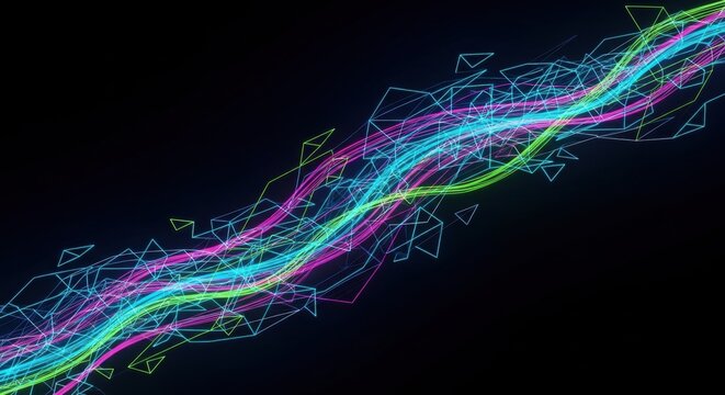 Abstract neon light streams and geometric shapes forming a network on a black background for technology and modern design concept. - Powered by Adobe