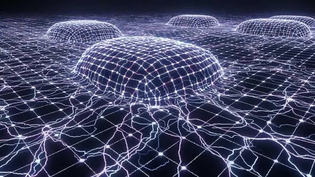 Seamless neon wireframe jellyfish network flowing across electric grid landscape.