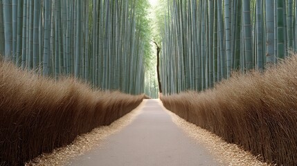 A serene pathway surrounded by towering bamboo trees, ideal for promoting tranquility, nature, or wellness, Perfect for travel articles, environmental campaigns, or meditative practices,