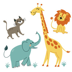 Obraz premium Cute cartoon safari animals including a giraffe elephant lion and cat in a playful composition