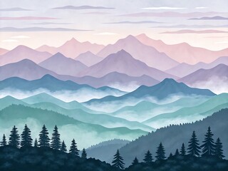 Fototapeta premium layered watercolor mountainscape in pastel tones