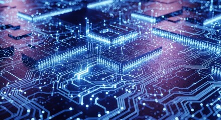 Abstract circuit board with glowing lines and microchips. Digital technology and data processing concept. Modern hardware background for computer science.