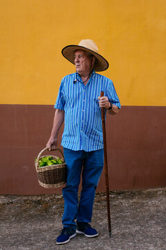 Elderly man with basket and walking stick