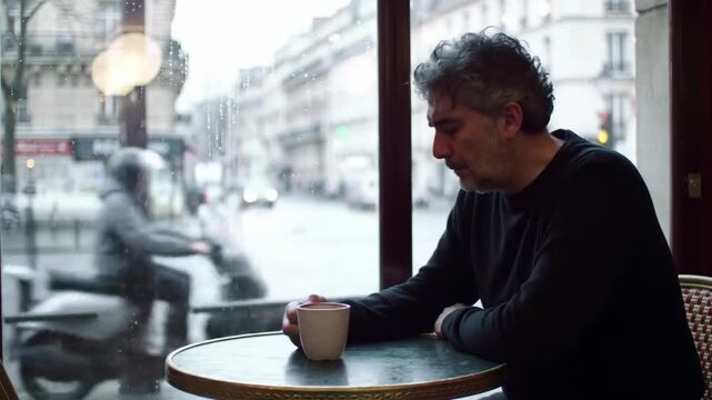 A man entered a caf&eacute; in a very agitated state to drink coffee.