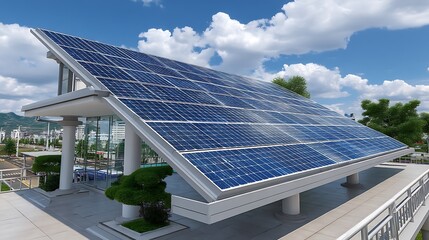 Modern building with large solar panels under a cloudy blue sky renewable energy