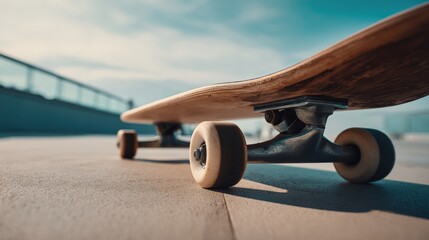 Skateboard Close-Up on Concrete with Blue Sky Background, Lifestyle and Sport Concept, Modern Minimalist Photography
