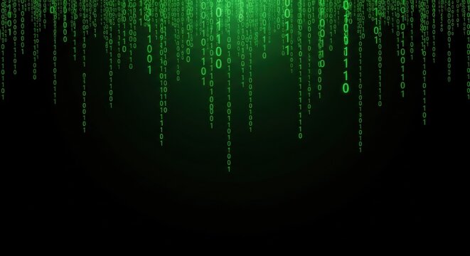 Green falling binary code on black background. Data matrix stream. Digital computer code, machine learning and big data concept.