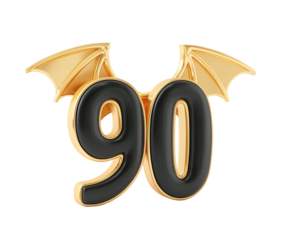 A unique number 90 design with gold wings, perfect for celebrating a 90th birthday or anniversary. The number has a striking design with black number and golden wings