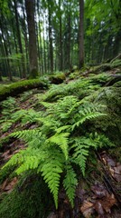 Dewy ferns in a lush green forest