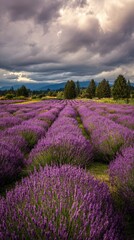 Naklejka premium Lavender fields under a dramatic sky in spring