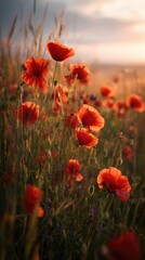 Obraz premium Vibrant poppy flowers swaying in evening light
