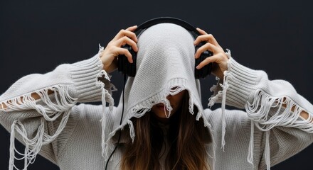 Obraz premium Immersed in music: person in distressed hoodie with headphones, face hidden, dark background.