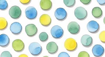 Watercolor polka dot pattern with yellow, green, and blue circles. Happy background for children design, fun graphic art.