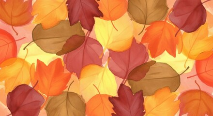 Watercolor autumn fall leaves background with warm colors. Seasonal foliage pattern for Thanksgiving, October and harvest celebrations.