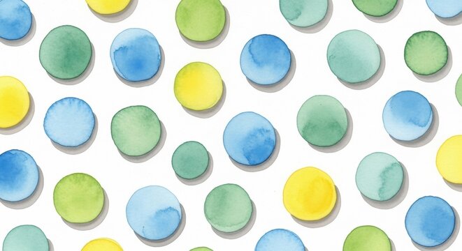 Watercolor polka dot pattern with yellow, green, and blue circles. Happy background for children design, fun graphic art.