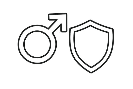 Men's health concept. Male gender symbol with shield. Man protection, defense and security. Vector illustration for prostate health, urology, andrology. Masculinity icon.