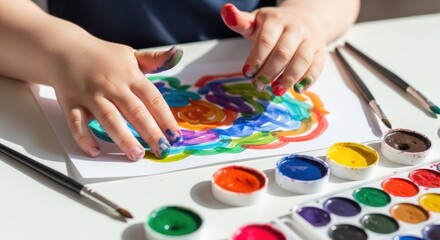 Child hands coloring abstract drawing with fingers. Kid finger painting on white paper. Learning and playing concept for early development, art class.