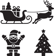 Christmas icons santa claus sleigh with reindeer and decorated christmas tree festive holiday silhouette