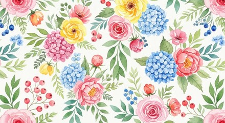 Festive watercolor floral pattern with colorful roses, hydrangeas, and berries. Pretty botanical seamless design for wedding invitation or fabric.