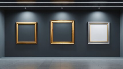 Three Empty Picture Frames Hanging on Gallery Wall Under Spotlights, Providing Customizable Space