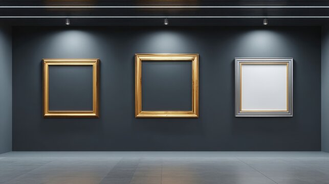 Three Empty Picture Frames Hanging on Gallery Wall Under Spotlights, Providing Customizable Space
