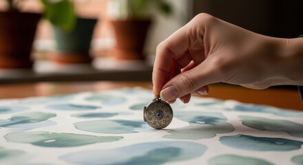 Woman hand holding an antique locket pendant on a watercolor painted surface. Vintage jewelry and personal memory concept for a special gift.