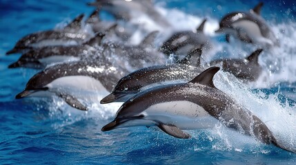 Obraz premium A dynamic scene of dolphins leaping through vibrant blue waters, showcasing their agility and grace, This image is perfect for marine life conservation articles, educational materials
