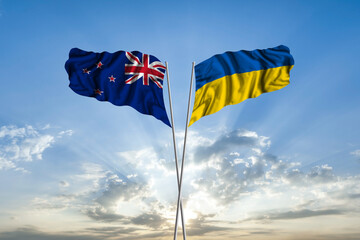 Waving National flag of Ukraine and flag of New Zealand for international unity