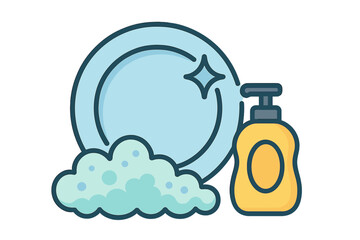 Clean dishwashing concept with sparkling plate, soap bottle and soap foam, kitchen hygiene, washing utensils, home cleaning vector illustration, cartoon style